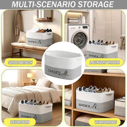 Woven Rope Embroidered Shoes Storage Basket 15.7 x 11 x 9 Large Capacity Fabric Cotton Rope Shoe Storage Organizer Bin Foldable with Handles for Hallway, Entryway, Closet, Laundry Room