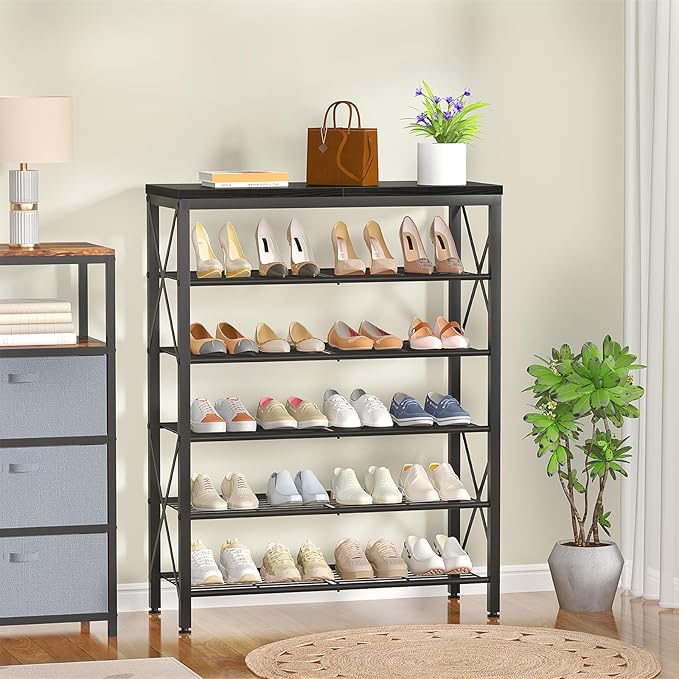 6-Tier Shoe Rack, Metal Shoe Stand with Wooden Top & 4 X Frames, Holds up to 24 Pairs, Sturdy Shoe Shelf for Entryway Closet Garage, Black
