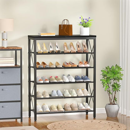6-Tier Shoe Rack, Metal Shoe Stand with Wooden Top & 4 X Frames, Holds up to 24 Pairs, Sturdy Shoe Shelf for Entryway Closet Garage, Black