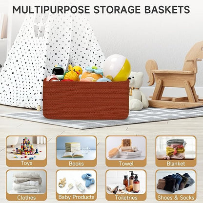 3-Pack Storage Baskets for Organizing | Woven Shelf Toy Basket | Rope Baskets for Gifts Empty | Closet Organizer Bins with Handles | Cube Decorative Box | 13.7×7.1×6.7” | Brick Red