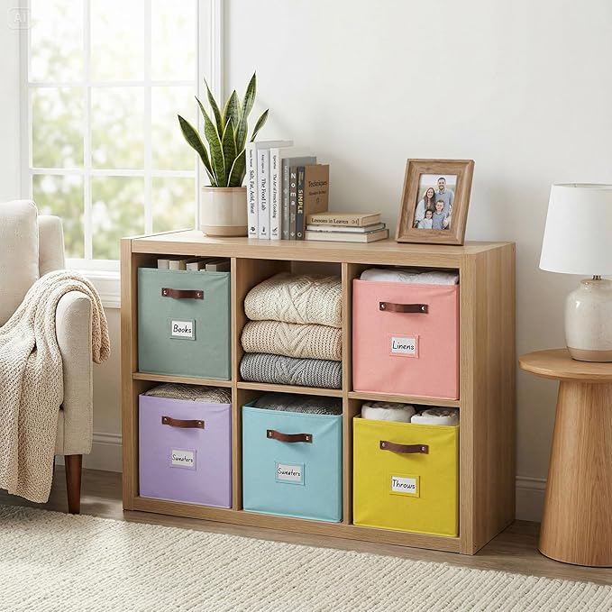 DECOMOMO Storage Cubes, 13x13x13 Storage Cube Bins with Labels, Fabric Organizer Bins (13" / 6pcs, Rainbow)