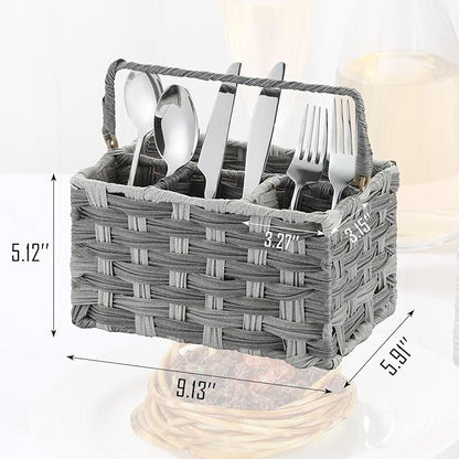 Silverware Holder for Party Plastic Utensil Holder Wicker Silverware Caddy Cutlery Holder with Handle Spoon and Fork Organizer Dark Gray Utensil Caddy for Kitchen Counter