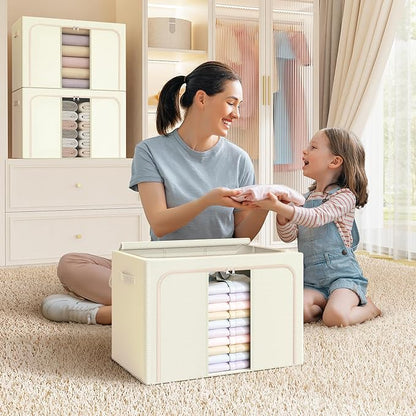 Clothes Storage Bins with Metal Frame, Foldable Clothes Organizers Storage Containers for Clothes, Sheets, Blankets, Pillows and Towels (24L, 3 Pack) Beige