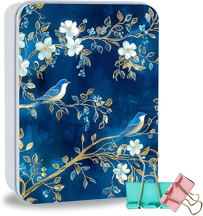Exquisite Metal Tin Box Sturdy Metal Storage Box with Lid, Blue Birds Flowers Large Container Holder for TCG Cards, Car Keys, Cookies, Tin Containers for Gift, 5.0x3.7x1.6 Inch
