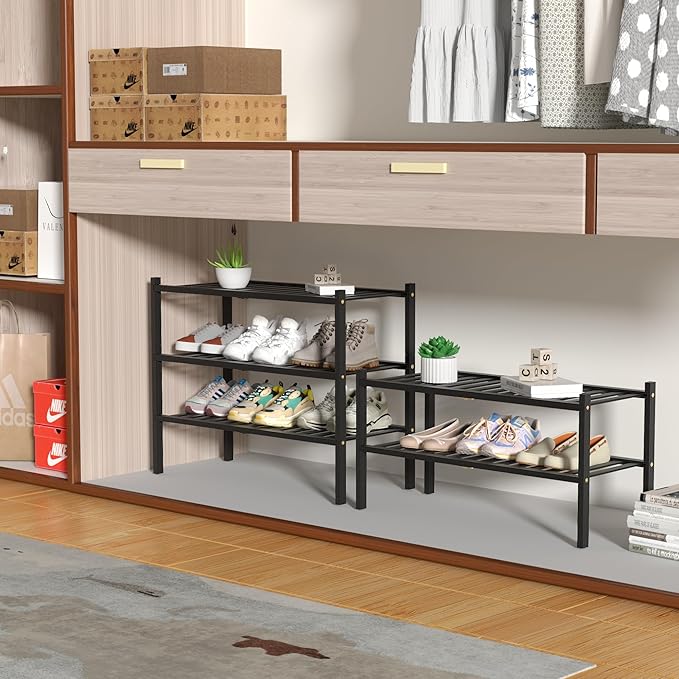 ROMGUAR CRAFT 3 Tier Bamboo Shoe Rack for Closet Free Standing Wood Shoe Shelf Storage Organizer for Entryway Small Space Stackable 27"x11"x20" (Black)