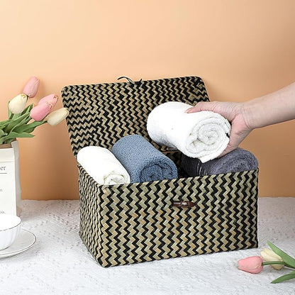 Hipiwe Wicker Shelf Baskets with Lid Seagrass Storage Baskets Handwoven Household Organizer Rectangular Woven Organizer Box for Storage Shelf Wardrobe,Medium
