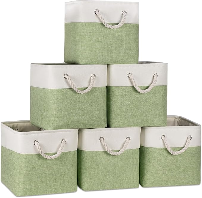 Temary 11 Inch Cube Storage Bins - 6 Pack Foldable Fabric Storage Baskets with Soft Rope Handles, Sturdy Organizer Cubes with Metal Frame for Shelves, Closet, Office & Home Organization (White&Green)