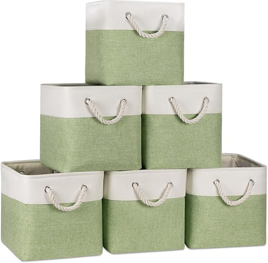 Temary 11 Inch Cube Storage Bins - 6 Pack Foldable Fabric Storage Baskets with Soft Rope Handles, Sturdy Organizer Cubes with Metal Frame for Shelves, Closet, Office & Home Organization (White&Green)