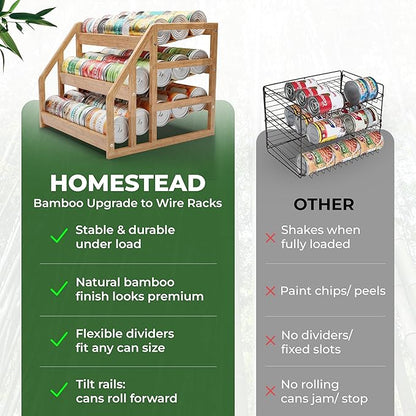 HOMESTEAD Bamboo Can Organizer for Pantry - 3 Tier Rack with Adjustable Dividers, Gravity Feed Canned Goods Organizer, 36 Cans Soda Storage