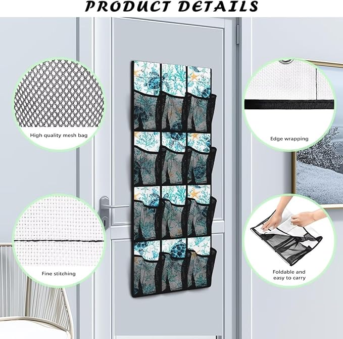 Blue Sea Turtle Behind The Door Shoe Organizer, 12 Pockets Ocean Theme Hanging Rack for Bathroom & Beach House, No Drill Storage for Toys & Toiletries