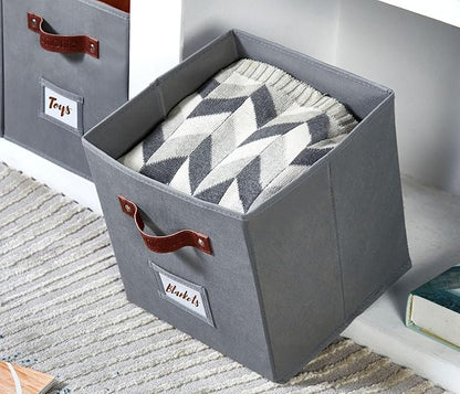 DECOMOMO Storage Bins, Cube Storage Bin with Labels, Fabric Storage Cubes for Shelves (10.5" x 11" / 6pcs, Grey)