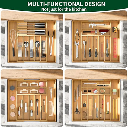 Dunruz Bamboo Expandable Drawer Organizer for Kitchen Utensils, Adjustable Silverware Tray with 9 Deep Slots for Large Spoons & Knives, Natural Wood Flatware Caddy for Cutlery Storage (Fits 13"-20")