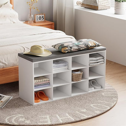 Aenuert 12-Cubby Shoe Rack with Cushion, 3-Tier Wood Shoe Organizer, Multifunctional Shoe Organizer Bench for Entryway, Mudroom, Hallway, Closet,36.22 * 11.81 * 17.7 Inch, White