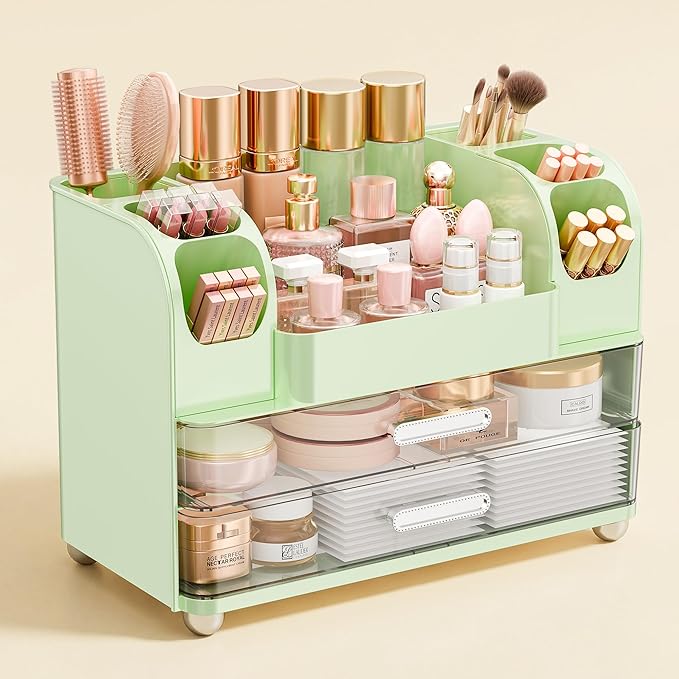 Makeup Organizer for Vanity with Brush Holder, Large Bathroom Countertop Organizer & Skincare Storage | Perfume, Cosmetics Display Case with Drawers (Green)