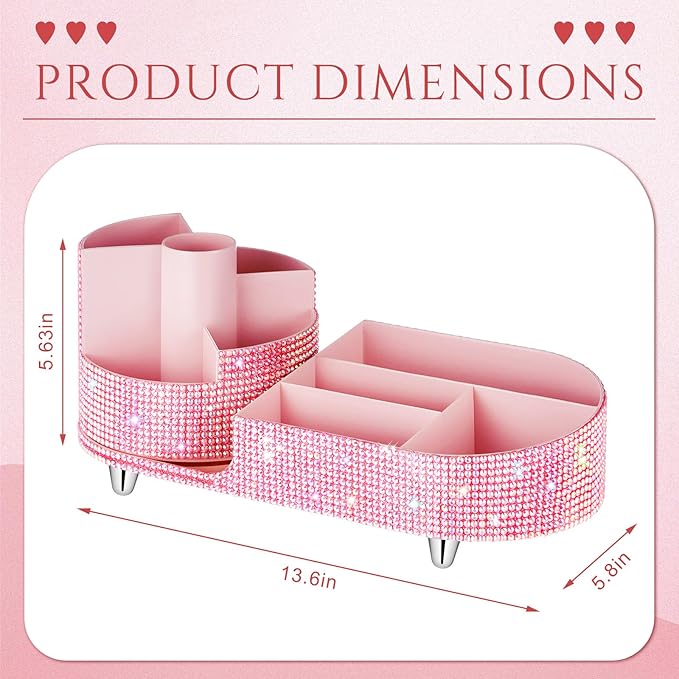 Teen Girls Mother's Day 360 Rotating Bling Makeup Organizer Gift Rhinestone Diamond Bathroom Organizer Girly Skin Care Brush Holder for Countertop, Bathroom Essentials(Pink,Rhinestone)
