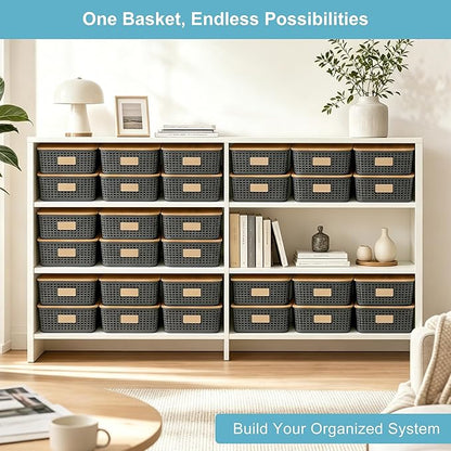 Bagnizer 4 Pack Plastic Storage Bins with Bamboo Lids, 6.2qt Stackable Storage Organizer Box with Lable for Pantry Shelves Drawers Desktop Office, 12"L x 8.3"W x 3.5"H, Gray