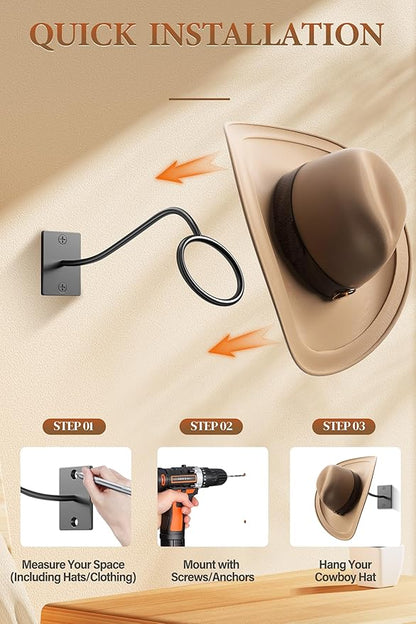 Cinati Cowboy Hat Rack for Wall, 4 Pack Cowboy Hat Holder Wall Mount, Western Rustic Metal Cowboy Hat Hanger, Hat Hooks for Cowboy Hat, Fedora, Sun Hats,Wide Brim Hat Organizer