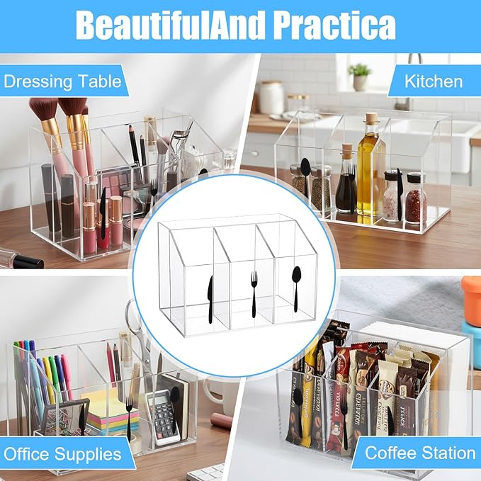 Lemecima Acrylic Utensil Holder Silverware Caddy Countertop Cutlery Plastic Organizer For Napkins Flatware Spoon Fork Knife, Space-Saving, For Buffet, Picnic Party