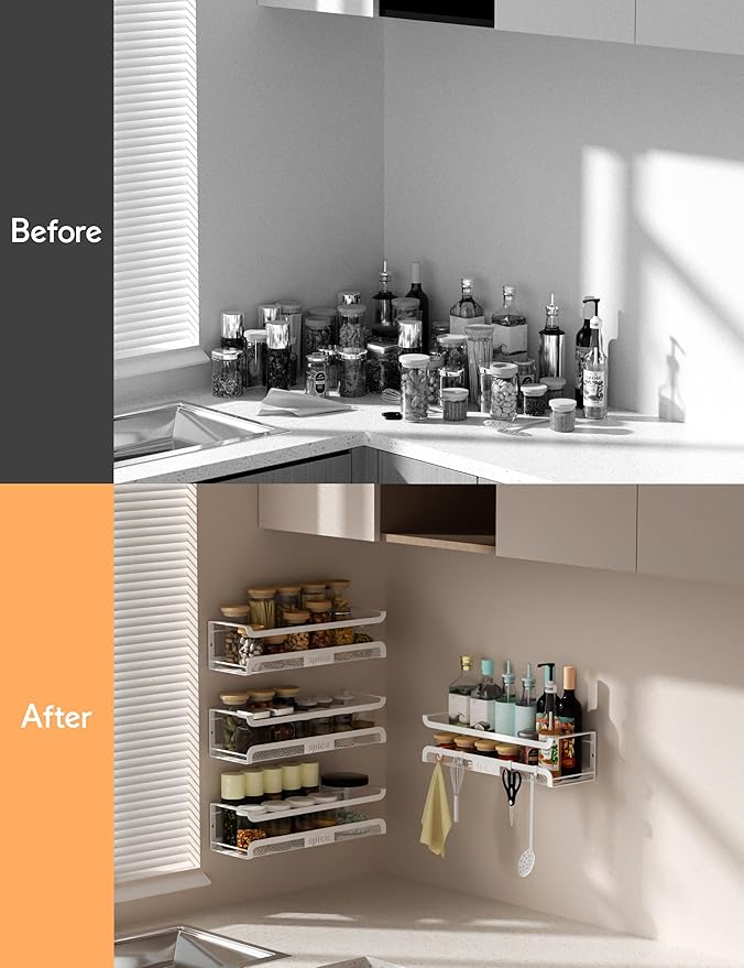 Spice Rack Wall Mount with Hooks - Spice Racks Organizer for Cabinet Storage, Wall Mounted Hanging Shelf Seasoning Organizer, for Kitchen, Pantry Door, Bathroom (White, 2 Pack)