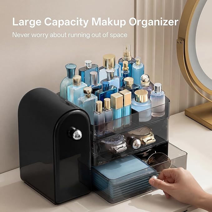 HBlife Makeup Organizer Countertop with Drawers, Vanity Organizers with Brush Holder, Bathroom Counter Organizer for Perfume, Nail Polishes, Lipsticks, Skincare and Eyeshadow Palettes, Black Silver