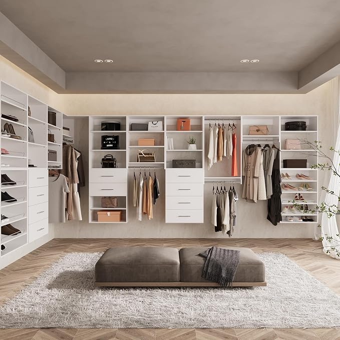 ROOMTEC Modular Closet System, 49" Wall-Mounted Closet Organizer with Hanging Rods, Wooden Tower for Walk-In Closets, Wardrobe Storage Kit, White