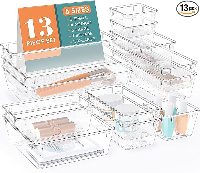 StorMiracle 13 PCS Drawer Organizer Set, 5 Varied Size Bathroom and kitchen Drawer cabinet organizer Trays, Clear Storage Bins for Makeup, Jewelry, Utensils and Gadgets