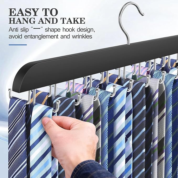 Tie Rack Hanger for Closet 20 Foldable Hooks, 2 Pack Wooden Non Slip Large Capacity Space Saving Tie and Belt Organizer with 360° Rotating Hooks for Tank Tops Bras Scarves Hat