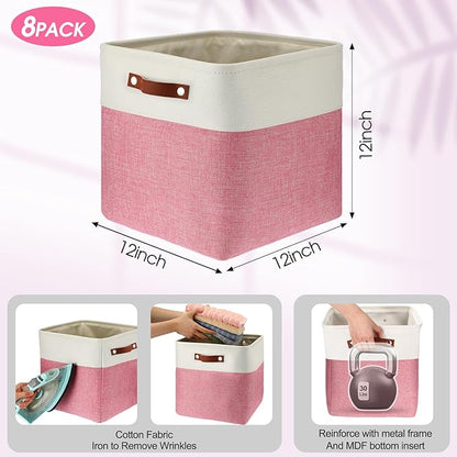 Uiifan 8 Pack 12 x 12 x 12 Inch Large Storage Baskets Collapsible Fabric Storage Cubes Bins with Handles for Shelves Closets Nursery Home Clothes Toys Organizers, Pink