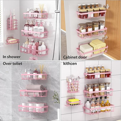 Liuoud 10 Pack Shower Caddy Organizer Rack Shelf for Inside Shower, Self Adhesive Wall Storage Basket Rustproof Stainless Steel Shampoo Holder Bathroom Accessory Decor Set, Pink