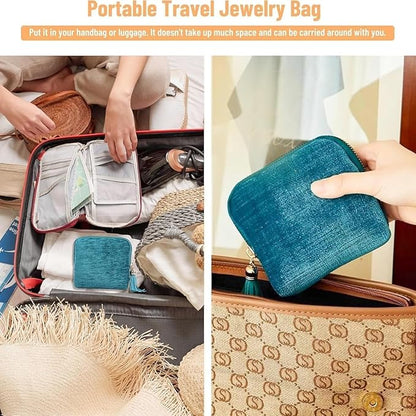 Travel Jewelry Case, Portable Foldable Box Mini Jewelry Travel Bag with Tassel Zipper Design, Soft Velvet Organizer Pouch for Bangle, Five Compartments