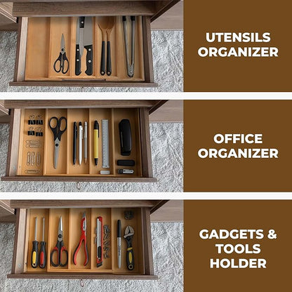 Utensil Drawer Organizer, 5 Compartment Expandable Rubberwood Silverware Tray, Cutlery Drawer Organizer for Kitchen Organization, Wooden Holder for Adjustable Storage