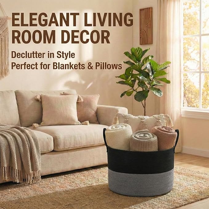 JMvicyroam 115L Extra Large Blanket Basket for Living Room - Woven Cotton Rope Laundry Hamper with Reinforced Handles - Storage Bin for Pillows, Comforters & Toys - Machine Washable, Black&Grey