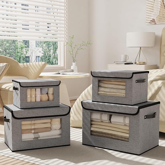 Fabric Storage Bin with Lid, Storage Box with Handles, 13 x 9.1 x 7.9 Inch Closet Organizer for Shelves Organization, Gray, 1-Pack