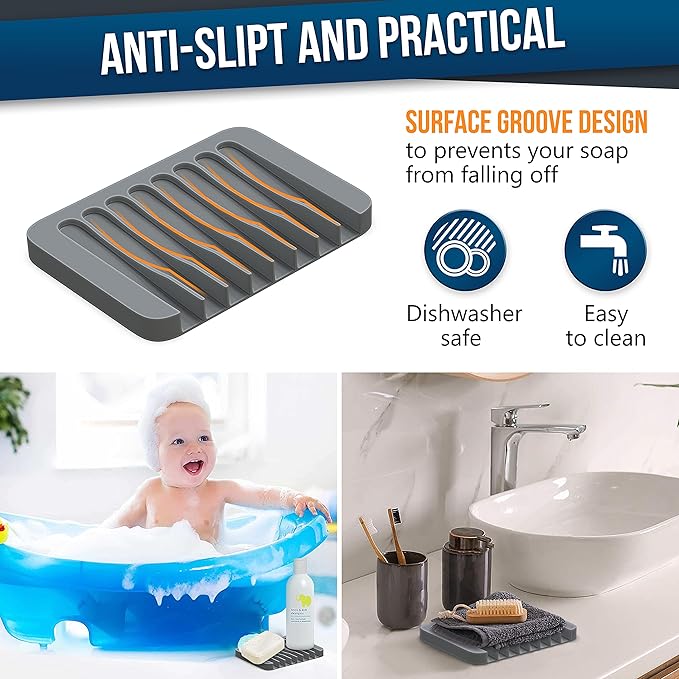 ZAPPOWARE 2-Pack Silicone Soap Dish with Drain - Bar Soap Holder for Shower & Bathroom Sink - Self Draining Waterfall Soap Saver Tray for Kitchen, Prevents Sticky Mess, Easy to Clean (Gray)