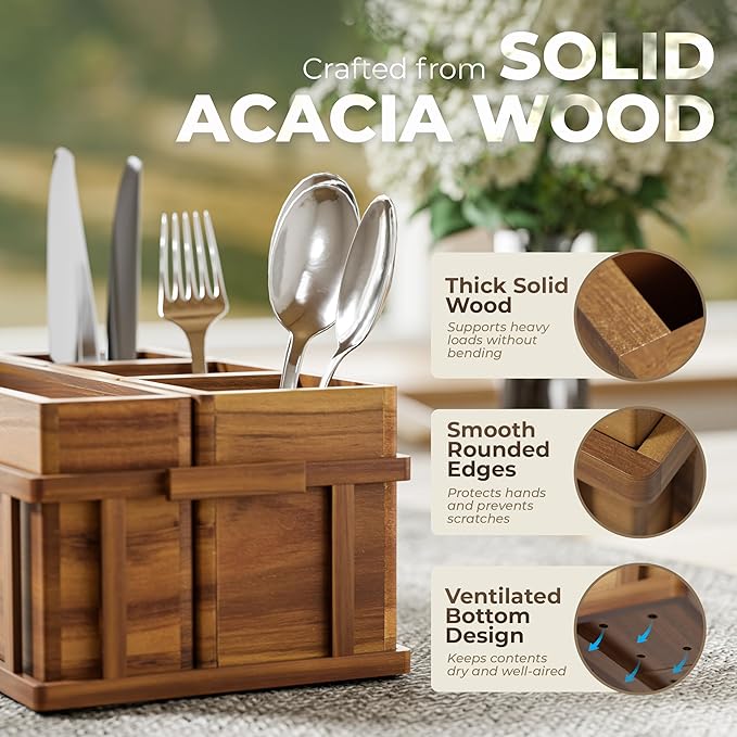 Acacia Silverware Caddy for Parties, Utensil Caddy with Paper Plate Dispenser, 4-Compartment Cutlery Flatware Organizer for Spoons, Forks, Napkins - Natural Wood Finish