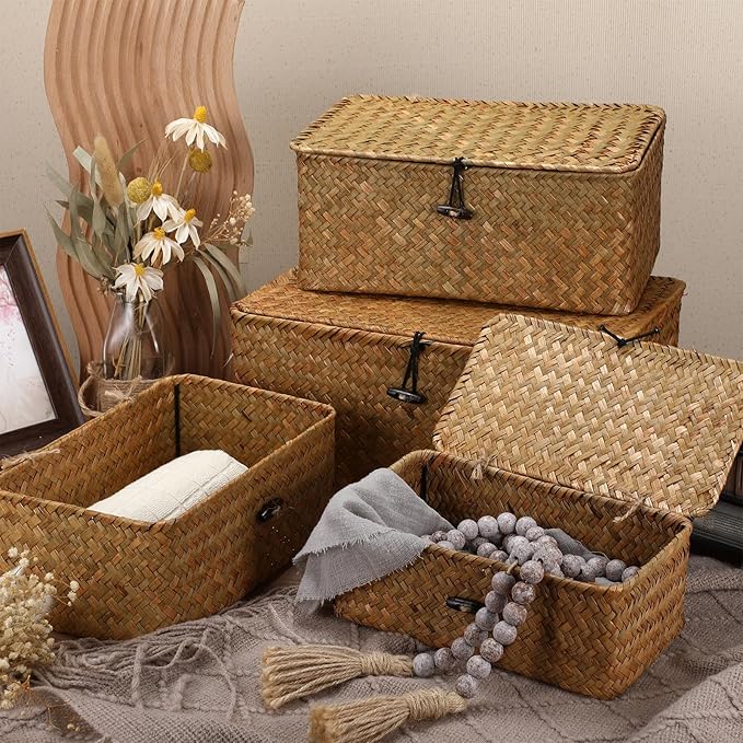 Woanger Set of 4 Wicker Baskets with Lids, Nautral Seagrass Storage Baskets, Woven Rectangular Basket Bins, Rattan Storage Organizer for Shelf Closet Bedroom(Orange)