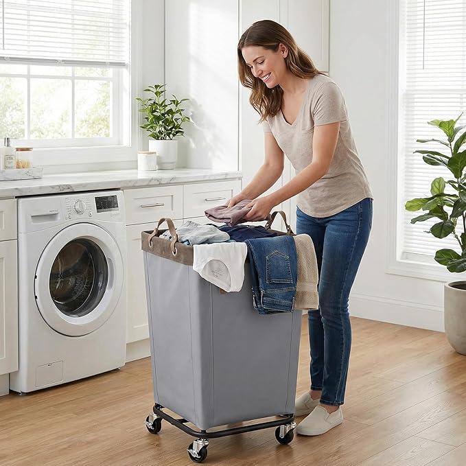 StorageWorks 160L Laundry Basket with Wheels, Large Rolling Hampers for Clothing Organizer, Dirty Clothes Basket for Hotel, Home, Closet, Dorm, Light Grey