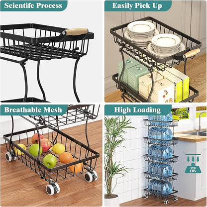CHLORYARD 5 Tier Slim Fruit Basket for Kitchen, Stackable Wire Fruit Vegetable Storage Baskets Organizer Stand on Wheels, Metal Produce Basket Potato Onion Storage Bins Rack for Pantry, Black