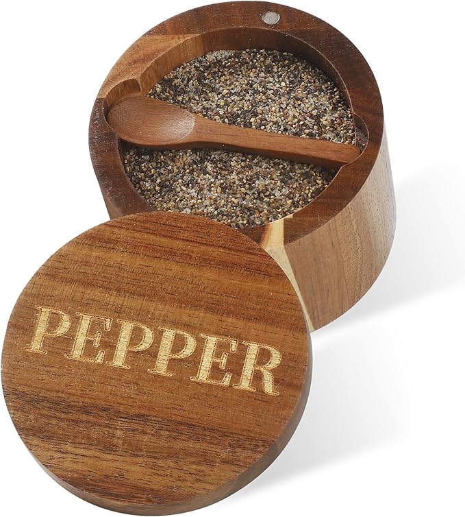 Timtopno PEPPER Cellar, Acacia Wood Salt Container with Built-in Spoon & Swivel Lid, Engraved PEPPER Box, Salt Holder Bowl for Countertop Seasoning Storage