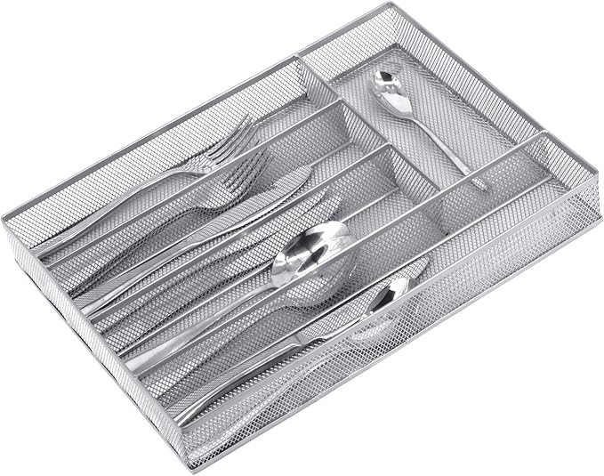 Neudeco Silverware Drawer Organizer - 5 Compartment Cutlery Tray with Non-Slip Feet, Mesh Wire Flatware Storage Divider for Kitchen, Bedroom, Living Room (Silver)