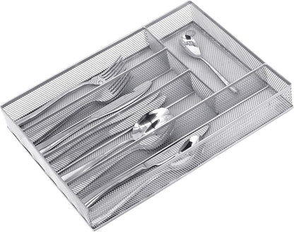 Neudeco Silverware Drawer Organizer - 5 Compartment Cutlery Tray with Non-Slip Feet, Mesh Wire Flatware Storage Divider for Kitchen, Bedroom, Living Room (Silver)