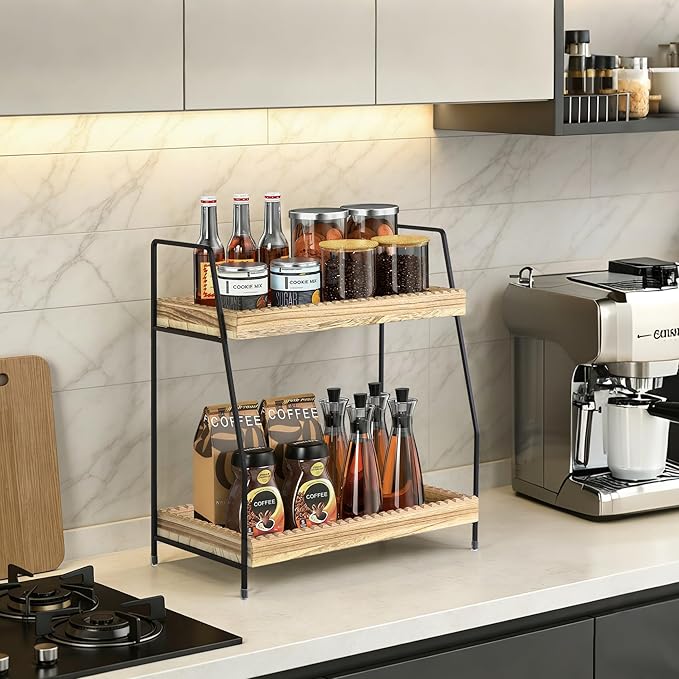 2 Tier Bathroom Countertop Organizer, Unique Slotted Edge Bathroom Organizers and Storage, Wood Counter Shelf for Storage, Countertop Organizer for Bathroom, Coffee, Kitchen