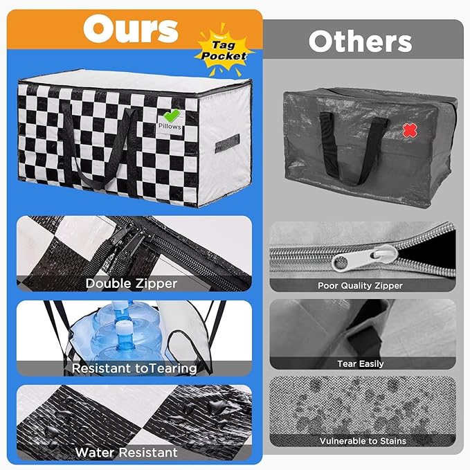 BETU 1 Pack Moving Bags Moving Storage College Dorm Camping Packing Travel PE Heavy Duty, Sturdy Handle, Zipper Large Storage Tote Bag Moving Boxes Box Alternative - White Plaid 29L x 15W x 15H