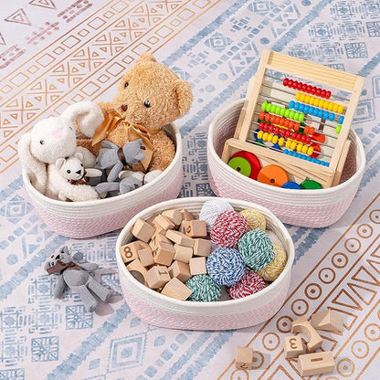 CubesLand Rectangle Organization/Storage Basket, Natural Cotton Rope Woven Baskets for Organizing, Small Basket for Kids, Baby Nursery, Cat Dog Toy Baskets, Organizer Bins for Shelves 3 Packs