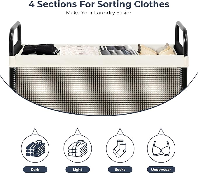 STO STO Laundry Hamper 4 Section, 140L Rolling Laundry Sorter Cart with Removable and Washable Liner Bag, Clothes Hamper with Wheels and Metal Handle for Laundry Room and Bedroom, Beige
