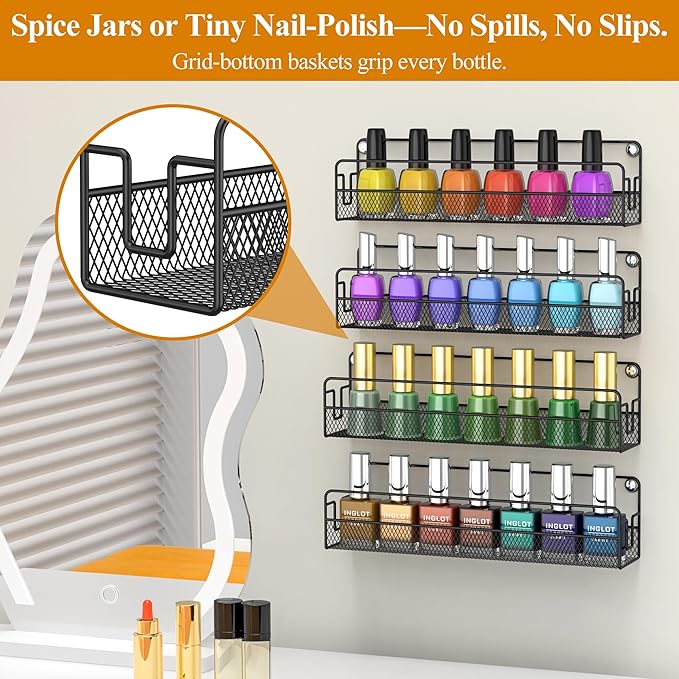 Wall Mounted Spice Rack Organizer, Pantry Door Organizer & Hanging Storage Baskets, Metal Spice Shelf for Kitchen Cabinet, 2 Depth Sizes Hold Large Jars to Nail Polish Bottles, 4 Pack