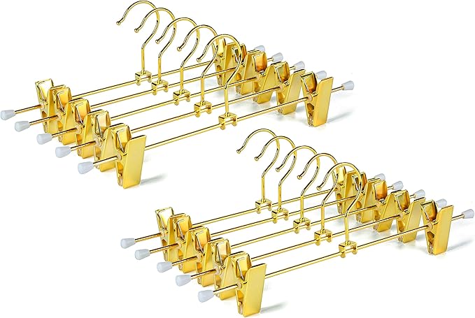 Amber Home 10 Pack Shiny Gold 12 Inch Metal Pants Skirts Hanger, Sturdy for Slacks Trousers with 2 Adjustable Non Slip Clips and Swivel Hook (10 Pack)