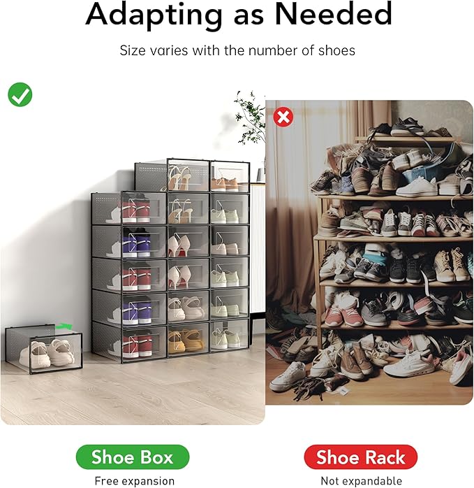 Foluck X-Large Shoe Storage Box, 15 Pack Clear Plastic Stackable Shoe Organizer for Closet, Interlocking Design Shoe Container Bins for Sneakers, Foldable Shoe Rack with Lids, Black