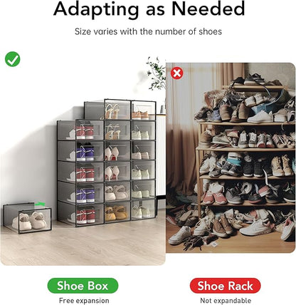 Foluck X-Large Shoe Storage Box, 15 Pack Clear Plastic Stackable Shoe Organizer for Closet, Interlocking Design Shoe Container Bins for Sneakers, Foldable Shoe Rack with Lids, Black