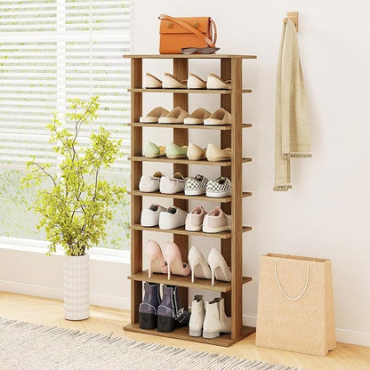 Giantex 8-Tier Wooden Shoe Rack, Patented Double Row Shoe Organizer for 16 Pairs, Customizable Height, Space-Saving Shoe Storage Stand for Entryway, Hallway, Living Room, Bedroom, Natural